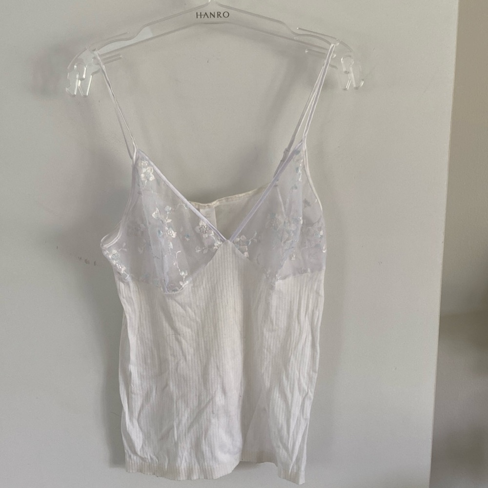 HANRO white ribbed cami tank camisole lace cups blue pink flower S embroidery